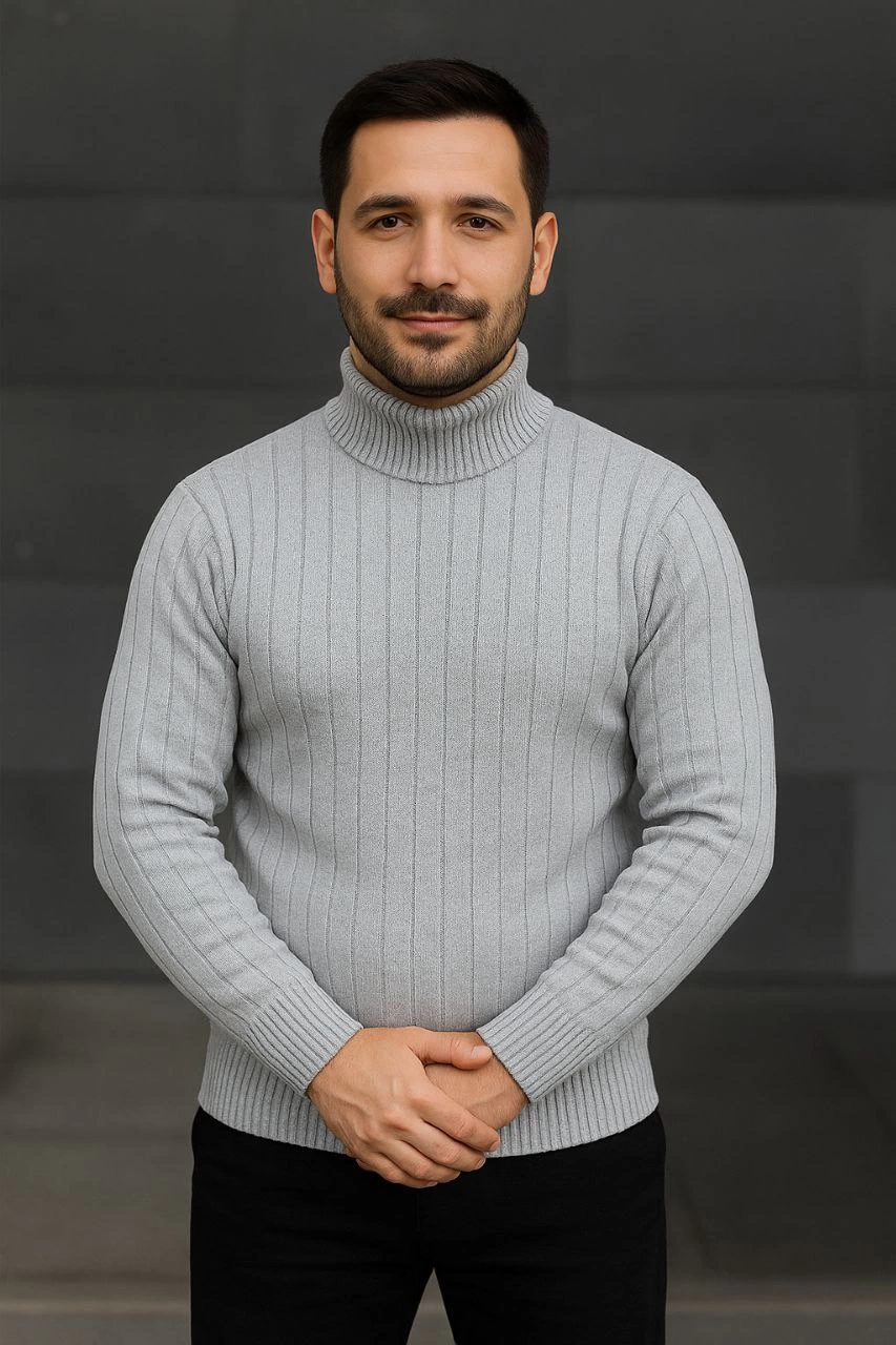 ASSEMA Erkek Balıkcı Yaka Bağazlı Triko Kazak Pamuklu Kalın Fitilli Dokuma Regular Fit Uzun - Gri