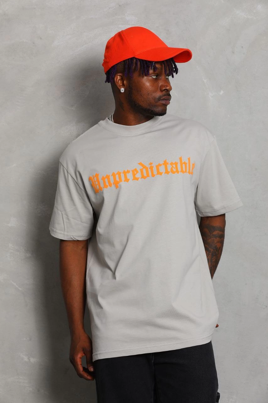 ASSEMA Unisex Oversize Baskılı Bisiklet Yaka T-Shirt - Gri