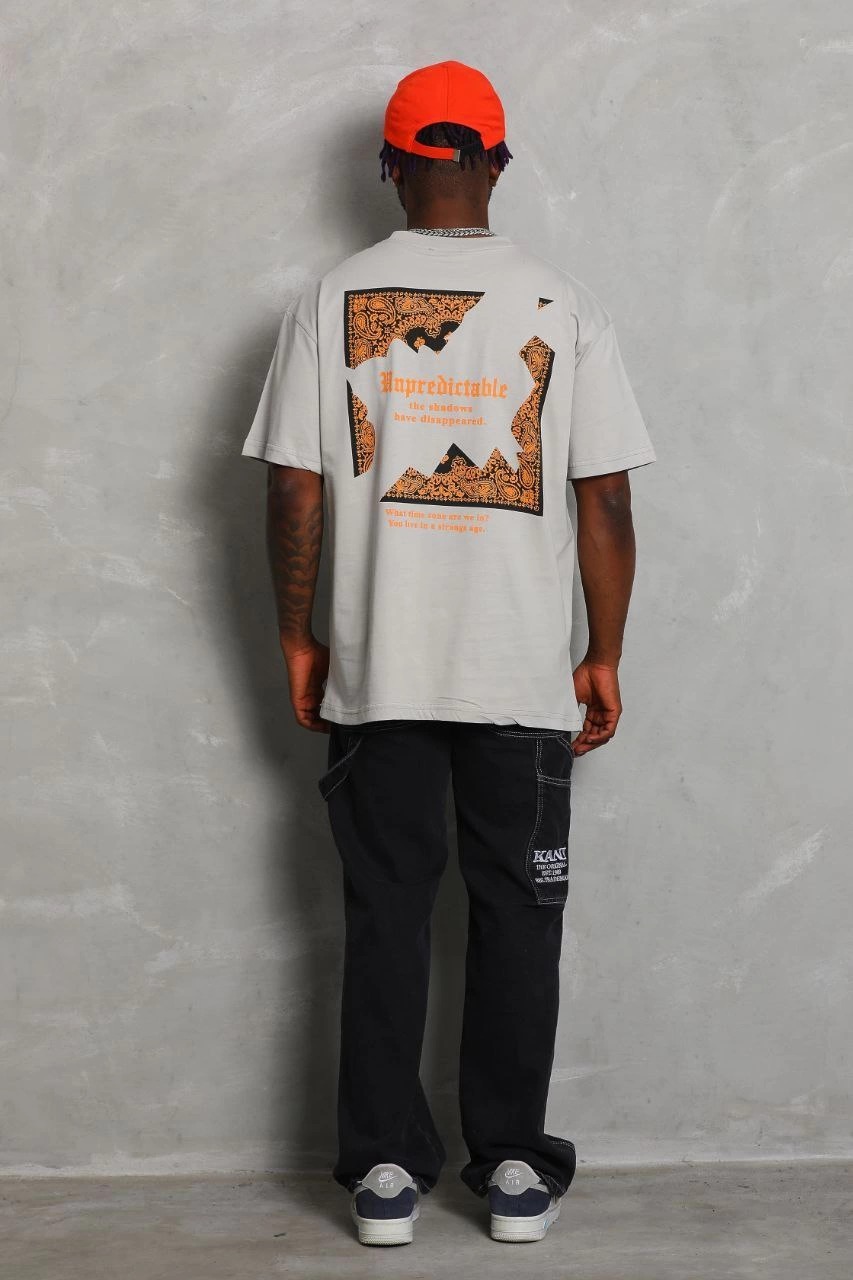 ASSEMA Unisex Oversize Baskılı Bisiklet Yaka T-Shirt - Gri