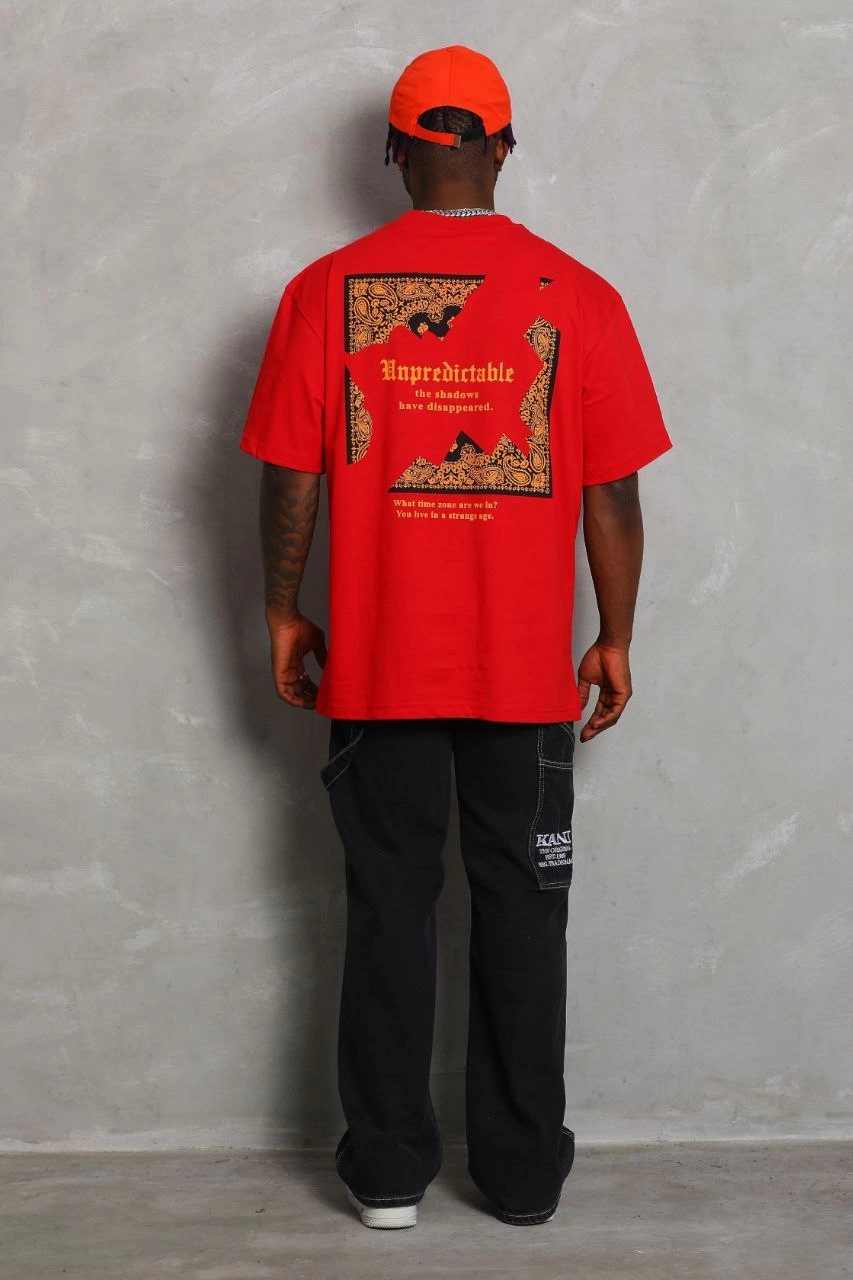 ASSEMA Unisex Oversize Baskılı Bisiklet Yaka T-Shirt - Kırmızı