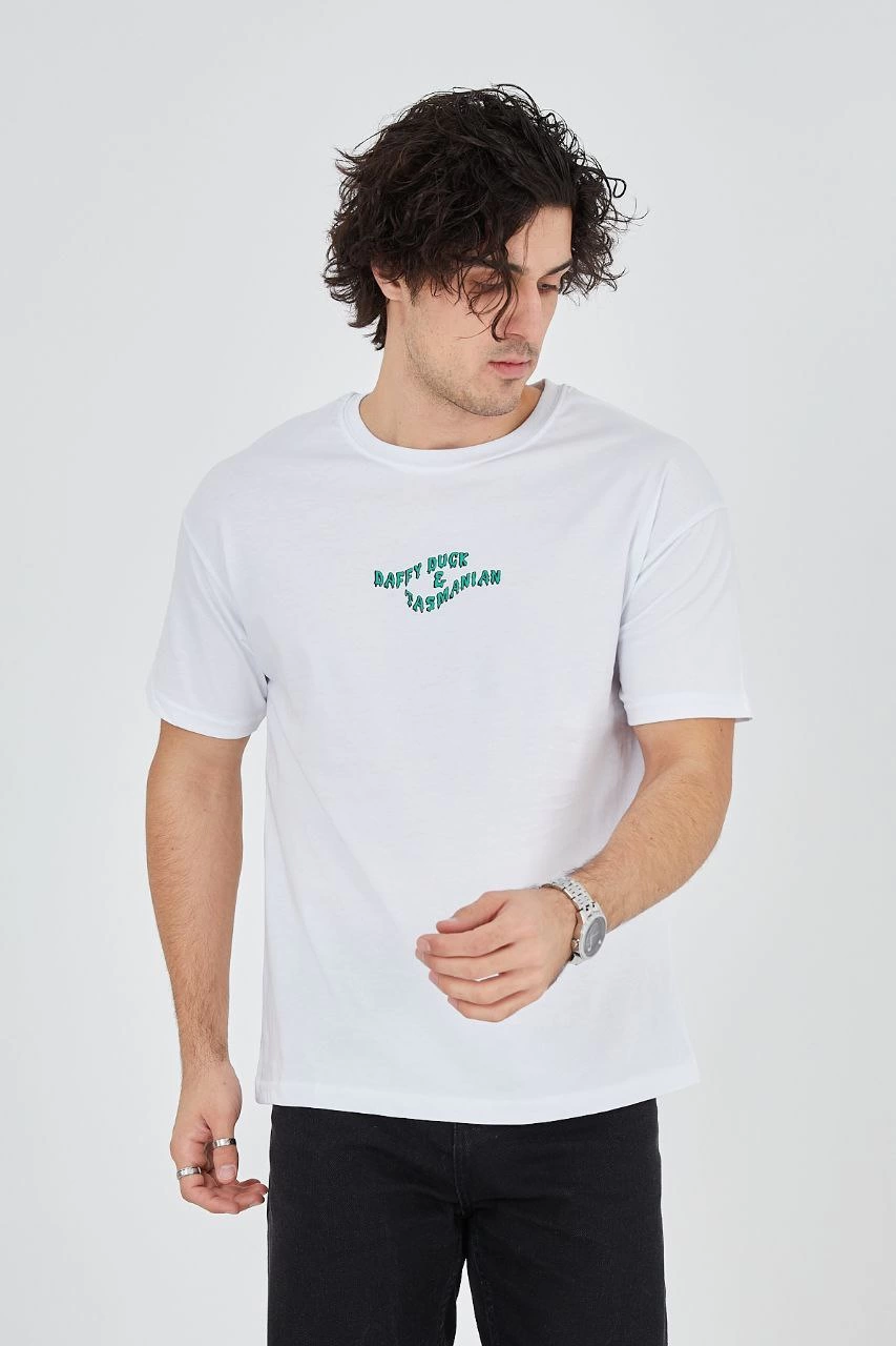 ASSEMA Erkek Baskılı T-Shirt Kısa Kol Bisiklet Yaka Regular Fit Rahat Kalıp Günlük Tişört - Beyaz