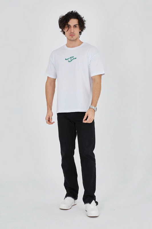 ASSEMA Erkek Baskılı T-Shirt Kısa Kol Bisiklet Yaka Regular Fit Rahat Kalıp Günlük Tişört - Beyaz