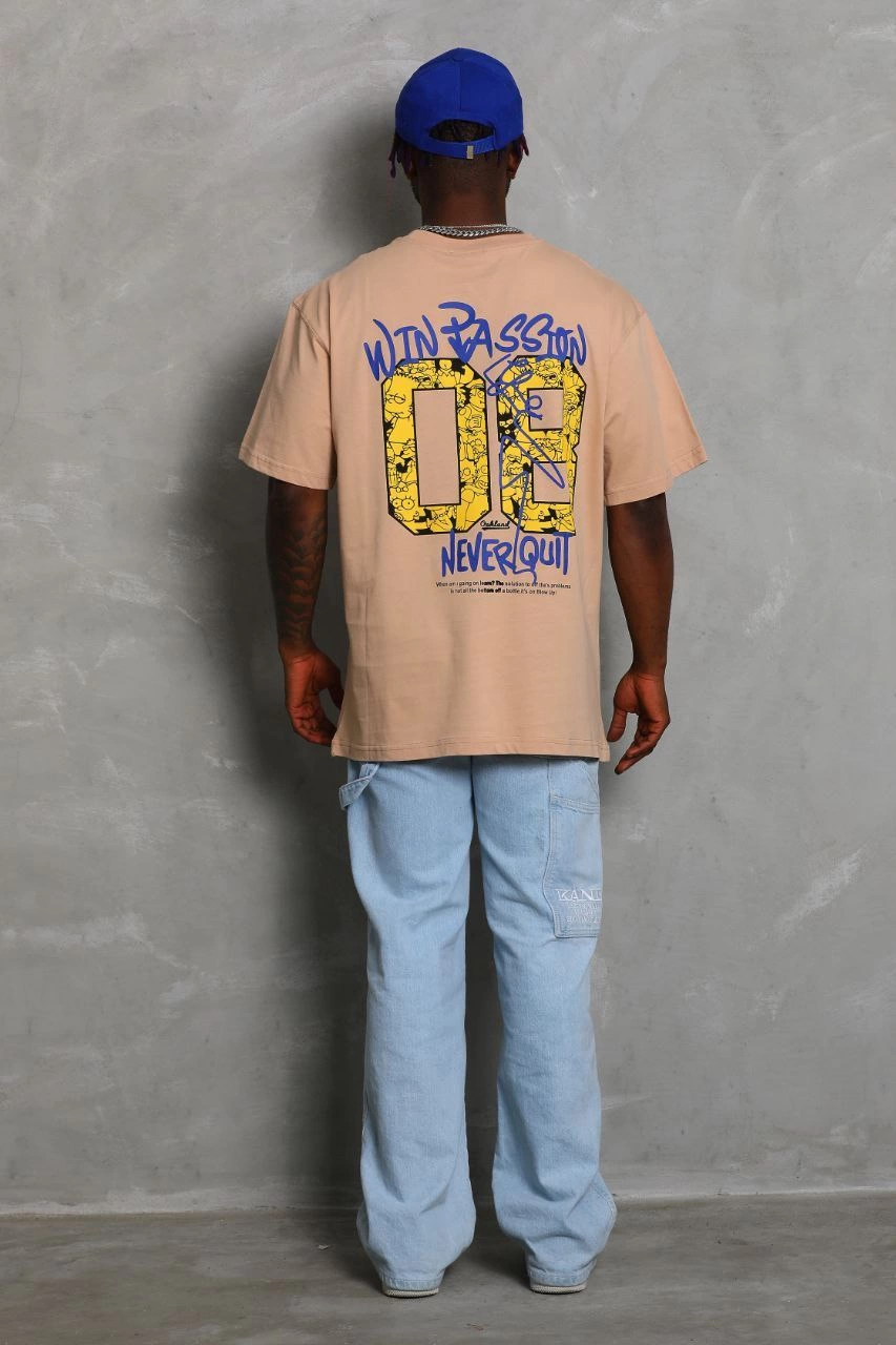 ASSEMA Unisex Oversize Baskılı Bisiklet Yaka T-Shirt - Bej