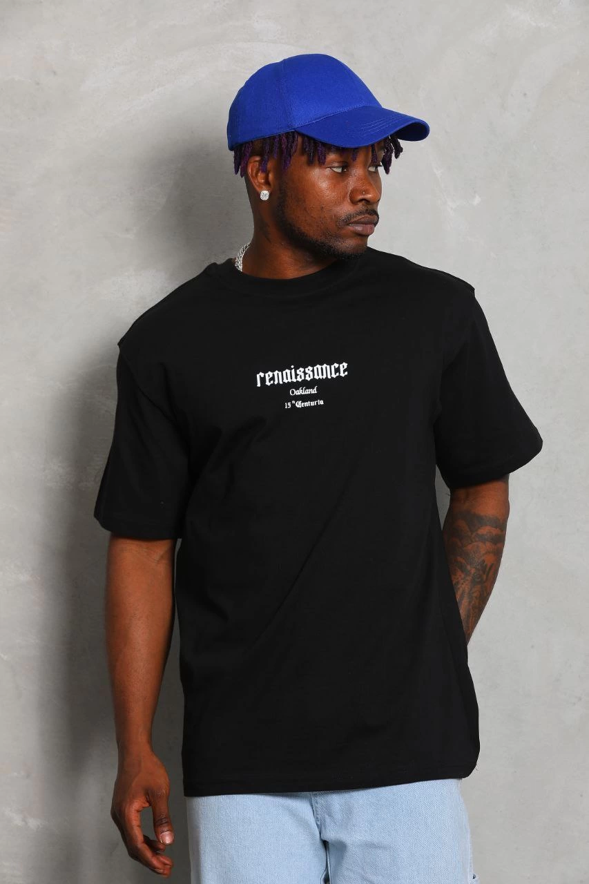 ASSEMA Unisex Oversize Baskılı Bisiklet Yaka T-Shirt - Siyah