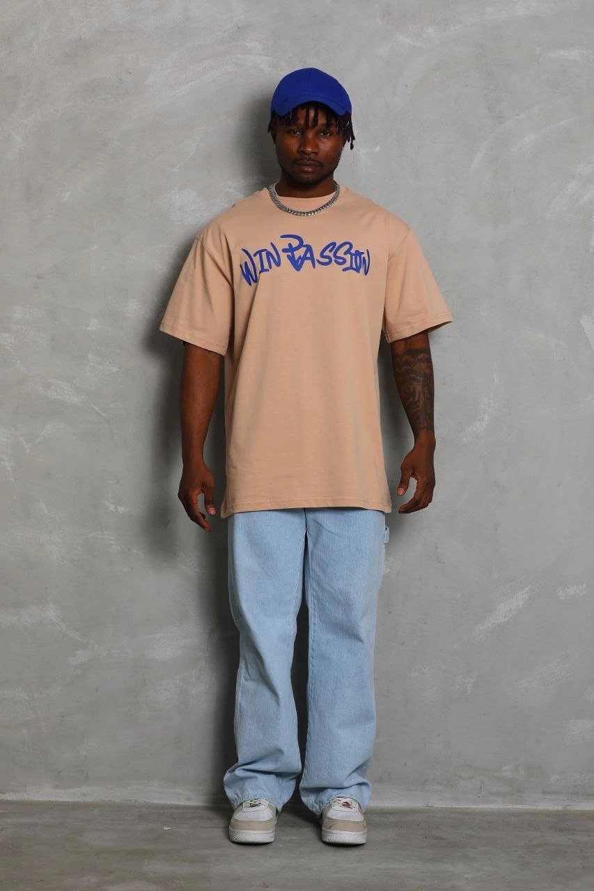 ASSEMA Unisex Oversize Baskılı Bisiklet Yaka T-Shirt - Bej