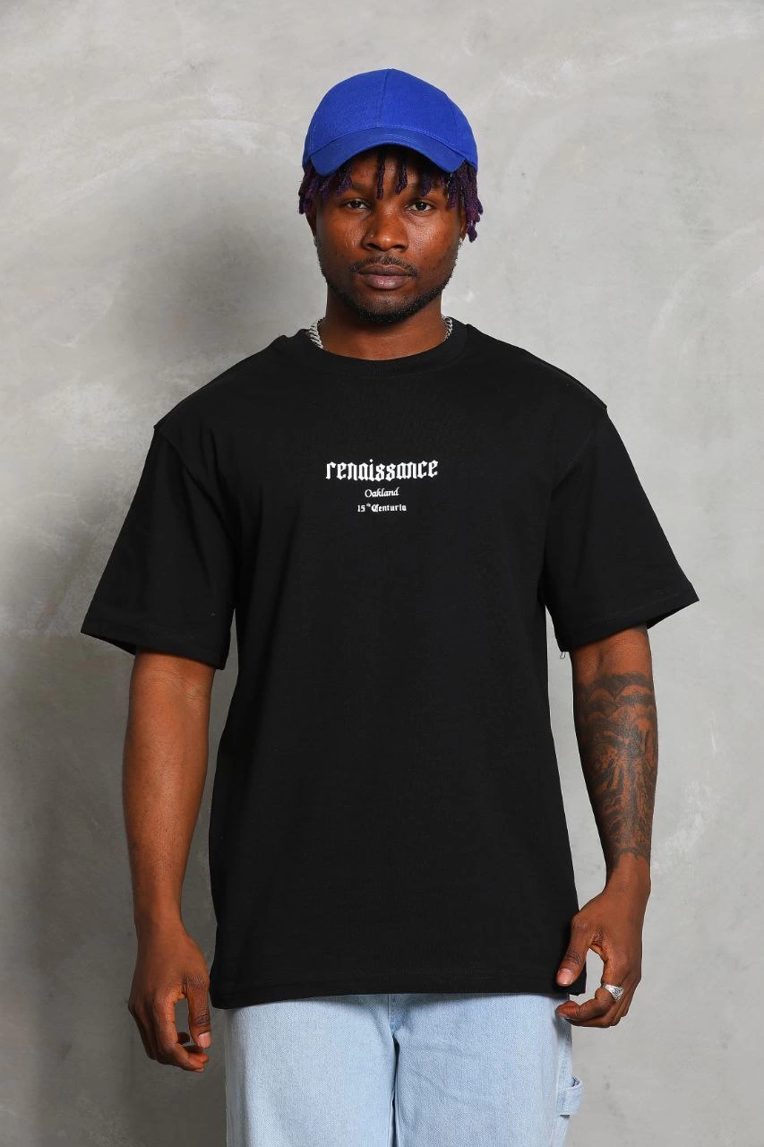 ASSEMA Unisex Oversize Baskılı Bisiklet Yaka T-Shirt - Siyah