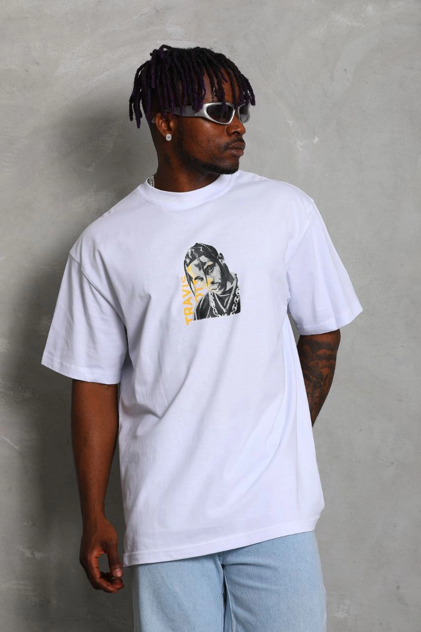 ASSEMA Unisex Oversize Baskılı Bisiklet Yaka T-Shirt - Beyaz