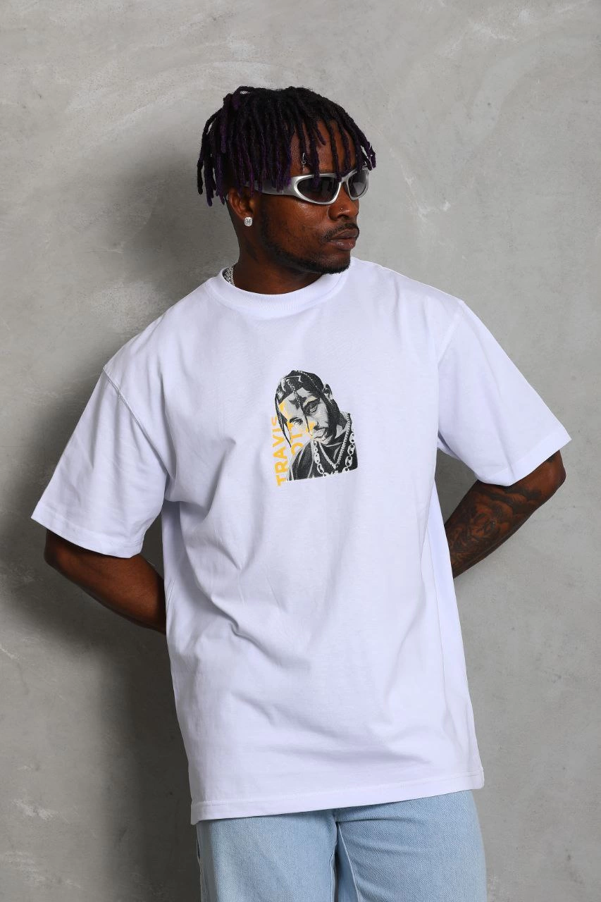 ASSEMA Unisex Oversize Baskılı Bisiklet Yaka T-Shirt - Beyaz