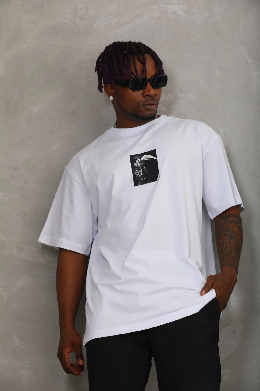 ASSEMA Erkek Kısa kol Baskılı Bisiklet Yaka T-Shirt - Beyaz