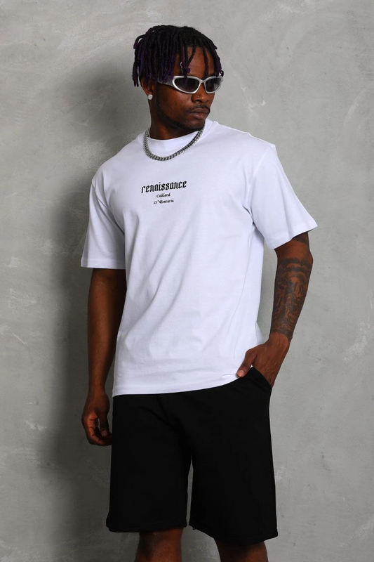 ASSEMA Unisex Oversize Baskılı Bisiklet Yaka T-Shirt - Beyaz