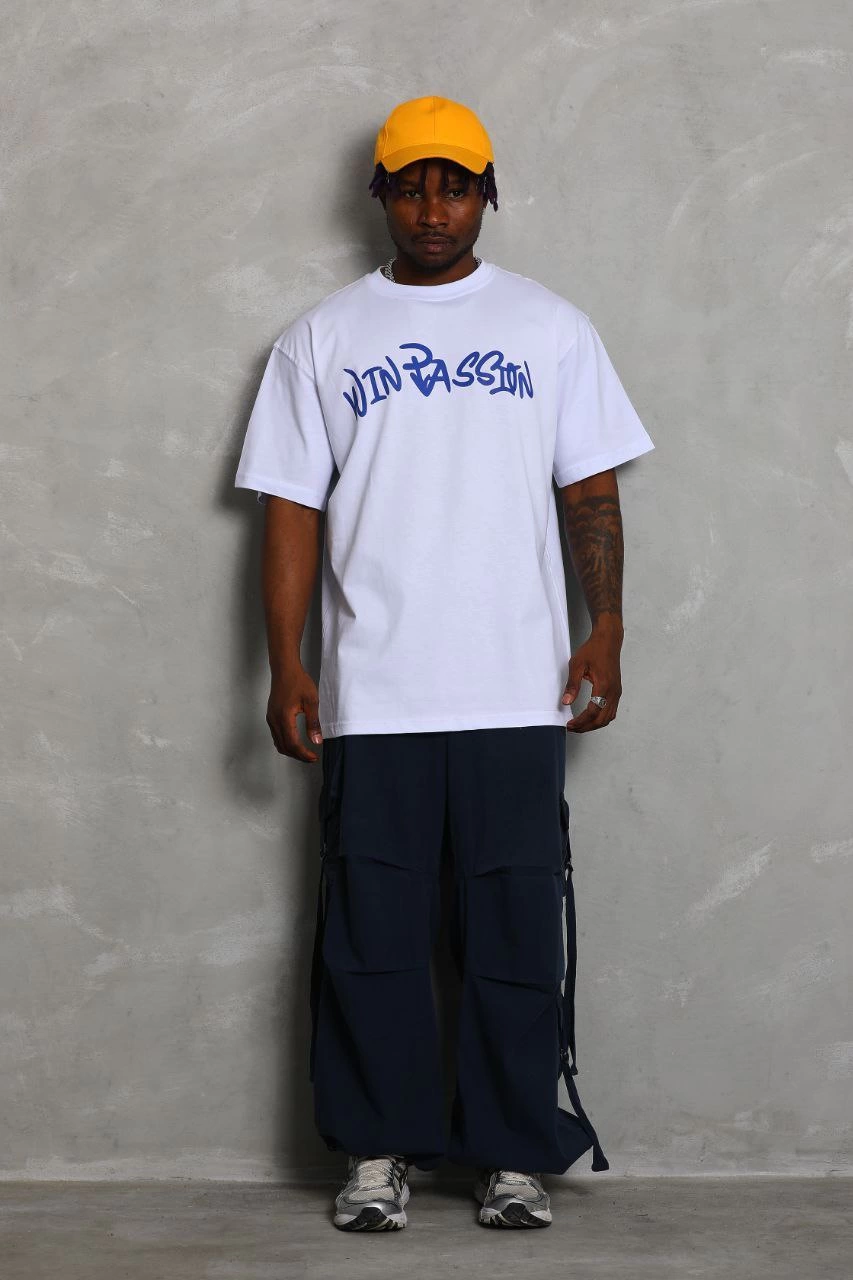 ASSEMA Erkek  Kısa Kol Oversize Baskılı Bisiklet Yaka T-Shirt - Beyaz