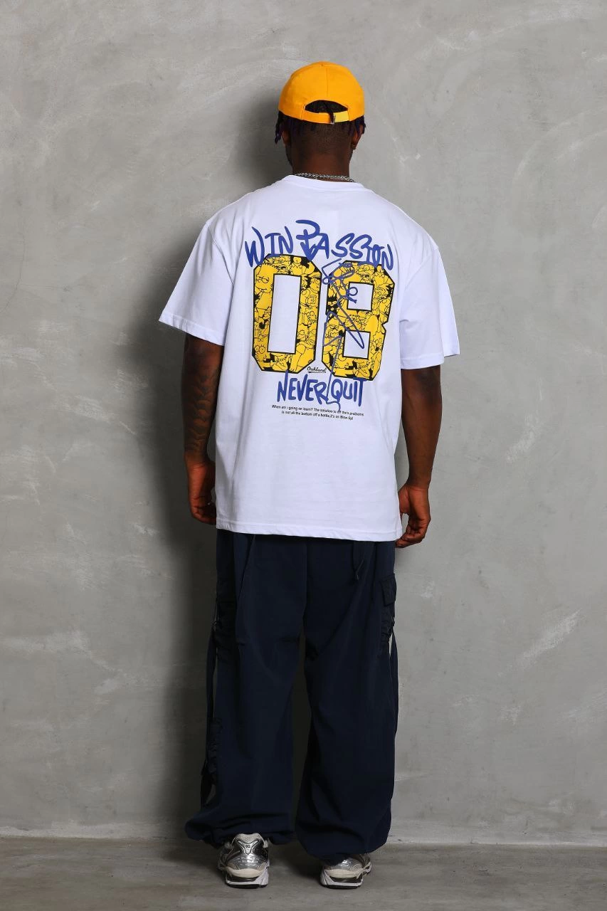 ASSEMA Erkek  Kısa Kol Oversize Baskılı Bisiklet Yaka T-Shirt - Beyaz