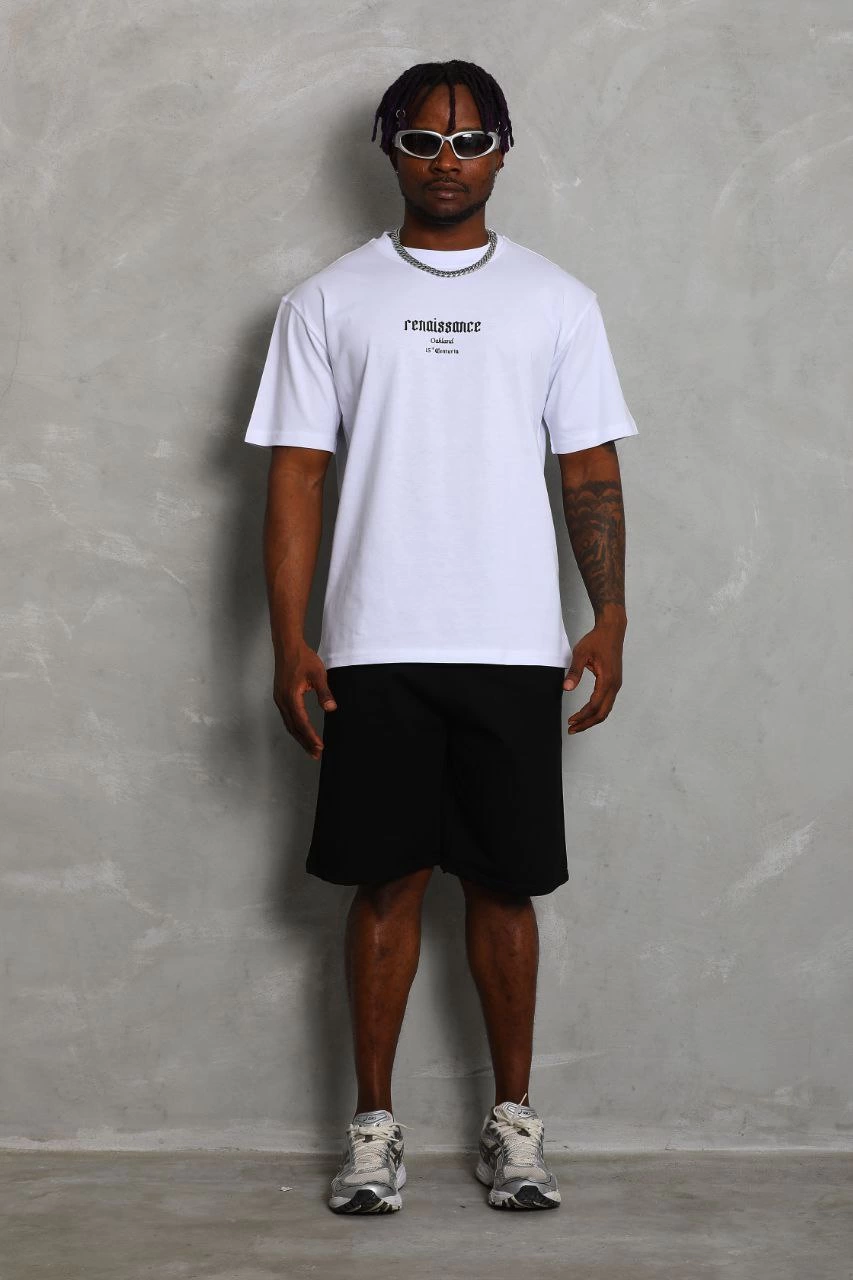 ASSEMA Unisex Oversize Baskılı Bisiklet Yaka T-Shirt - Beyaz
