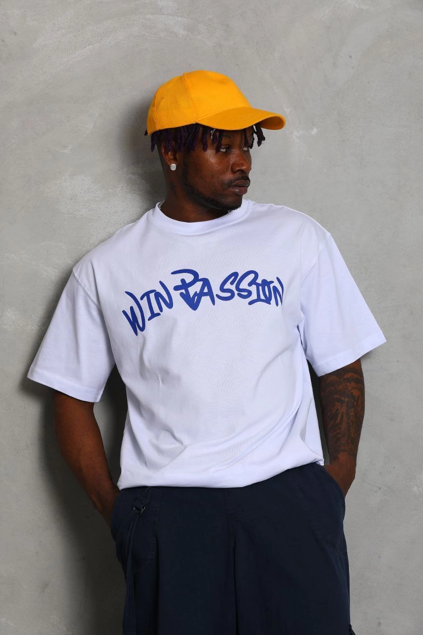 ASSEMA Erkek  Kısa Kol Oversize Baskılı Bisiklet Yaka T-Shirt - Beyaz