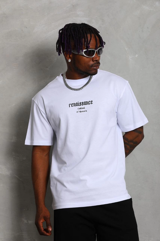 ASSEMA Unisex Oversize Baskılı Bisiklet Yaka T-Shirt - Beyaz
