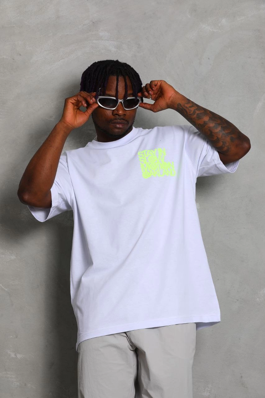 ASSEMA Unisex Oversize Baskılı Bisiklet Yaka T-Shirt - Beyaz