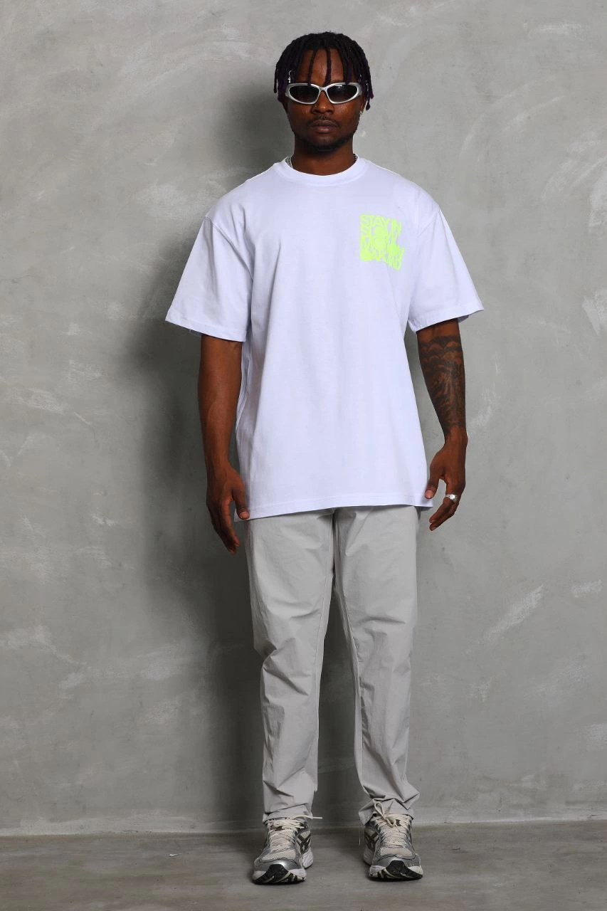 ASSEMA Unisex Oversize Baskılı Bisiklet Yaka T-Shirt - Beyaz