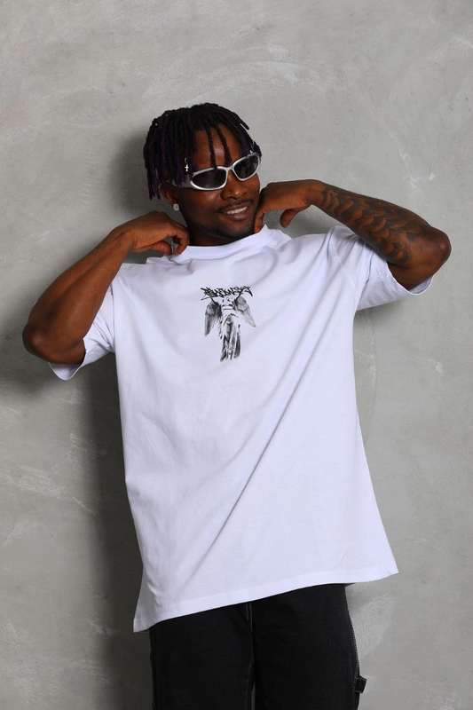ASSEMA Unisex Oversize Baskılı Bisiklet Yaka T-Shirt - Beyaz