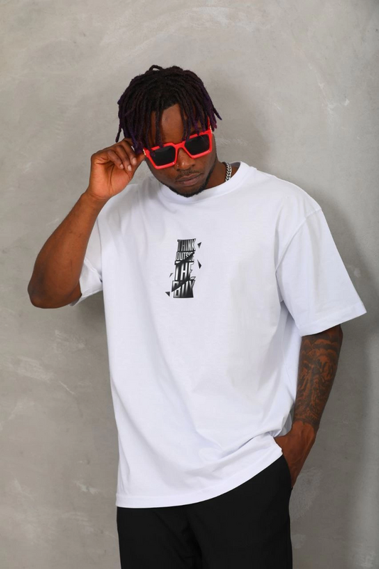 ASSEMA Unisex Oversize Baskılı Bisiklet Yaka T-Shirt - Beyaz