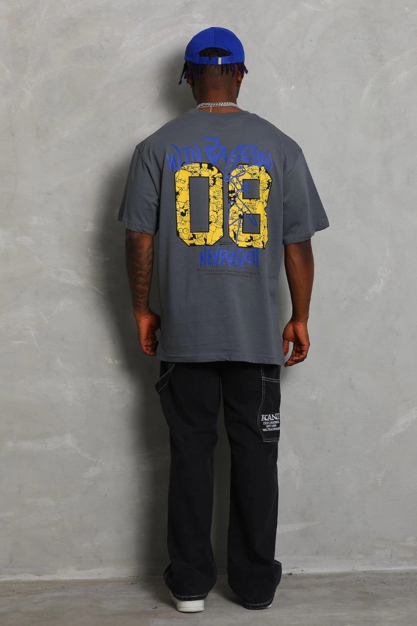 ASSEMA Unisex Oversize Baskılı Bisiklet Yaka T-Shirt - Füme