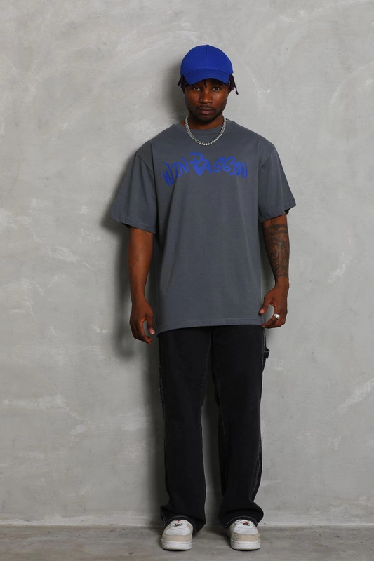 ASSEMA Unisex Oversize Baskılı Bisiklet Yaka T-Shirt - Füme