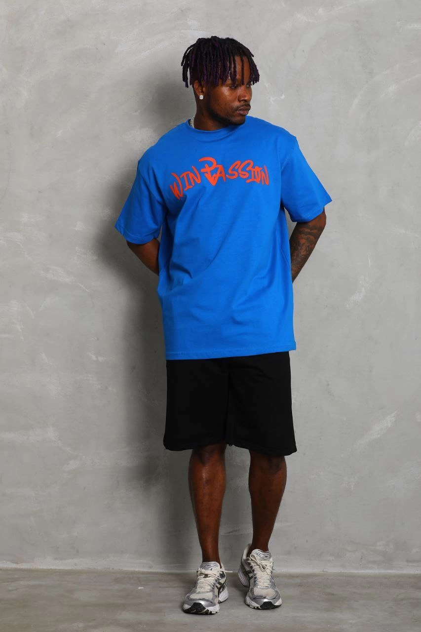 ASSEMA Unisex Oversize Baskılı Bisiklet Yaka T-Shirt - Mavi