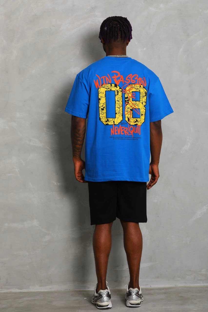 ASSEMA Unisex Oversize Baskılı Bisiklet Yaka T-Shirt - Mavi