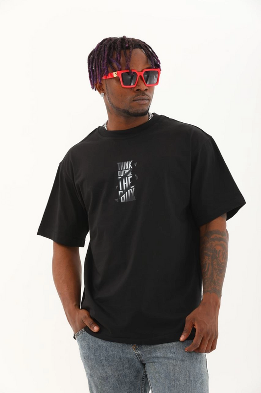 ASSEMA Unisex Oversize Baskılı Bisiklet Yaka T-Shirt - Siyah