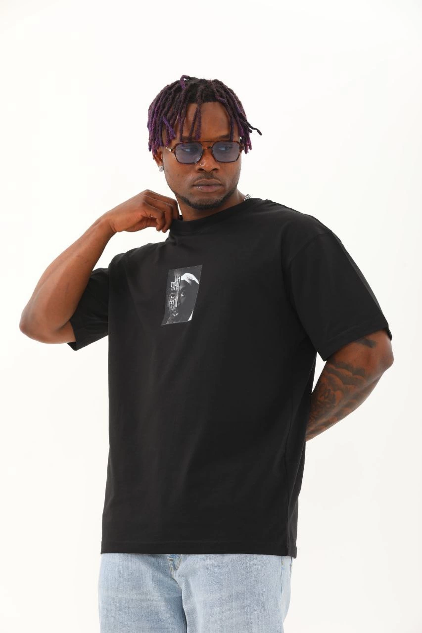 ASSEMA Erkek Kısa Kol Oversize Baskılı Bisiklet Yaka T-Shirt - Siyah