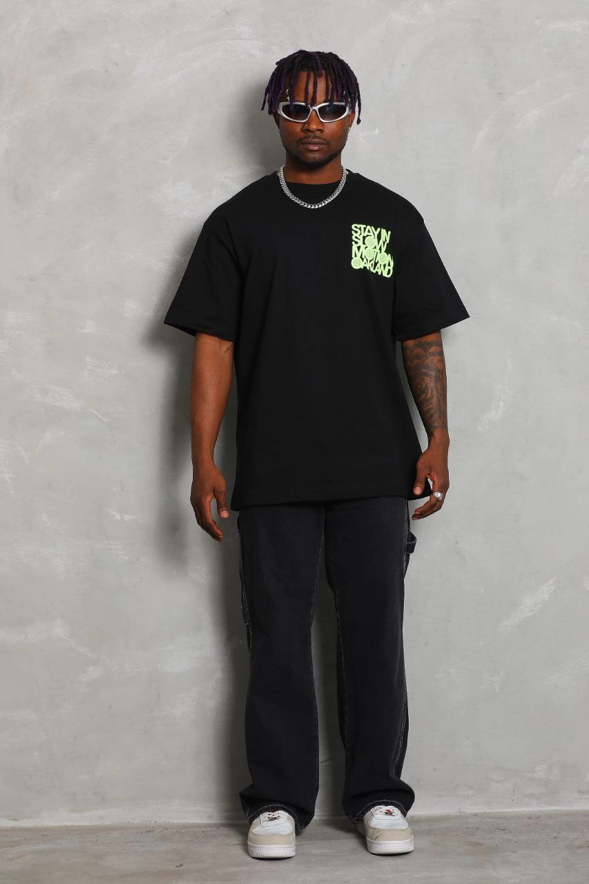 ASSEMA Unisex Oversize Baskılı Bisiklet Yaka T-Shirt - Siyah