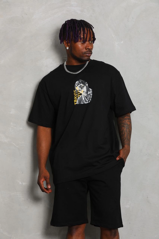 ASSEMA Unisex Oversize Baskılı Bisiklet Yaka T-Shirt - Siyah