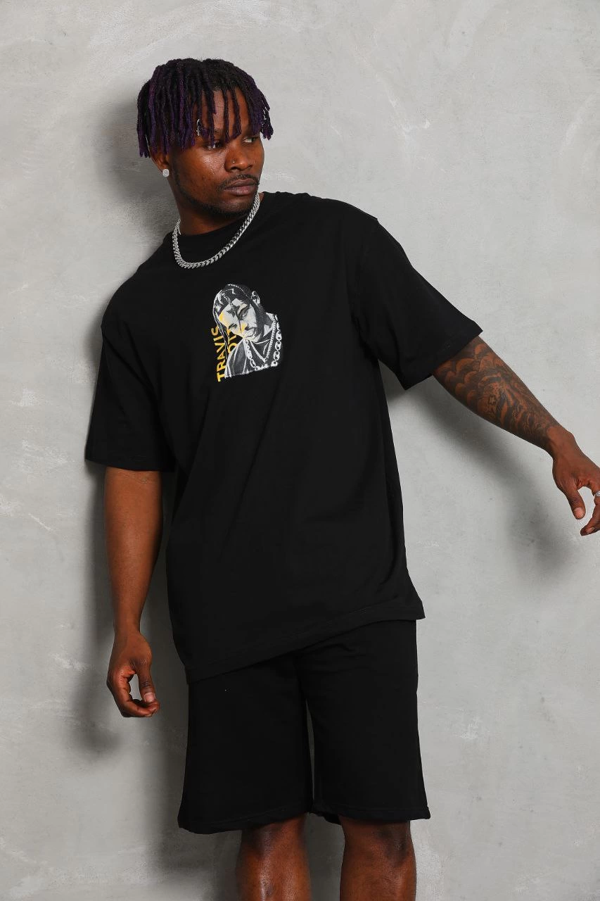 ASSEMA Unisex Oversize Baskılı Bisiklet Yaka T-Shirt - Siyah