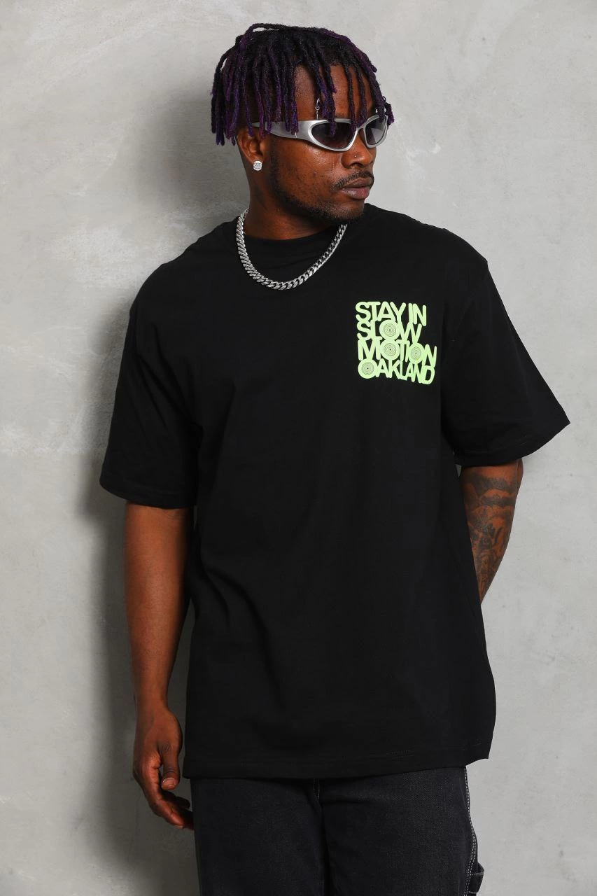 ASSEMA Unisex Oversize Baskılı Bisiklet Yaka T-Shirt - Siyah