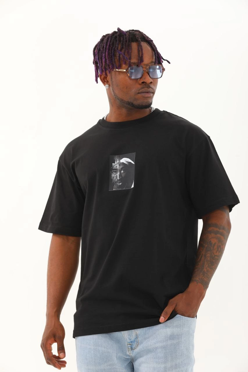 ASSEMA Erkek Kısa Kol Oversize Baskılı Bisiklet Yaka T-Shirt - Siyah