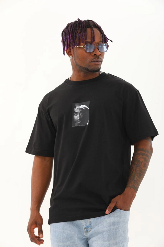 ASSEMA Erkek Kısa Kol Oversize Baskılı Bisiklet Yaka T-Shirt - Siyah