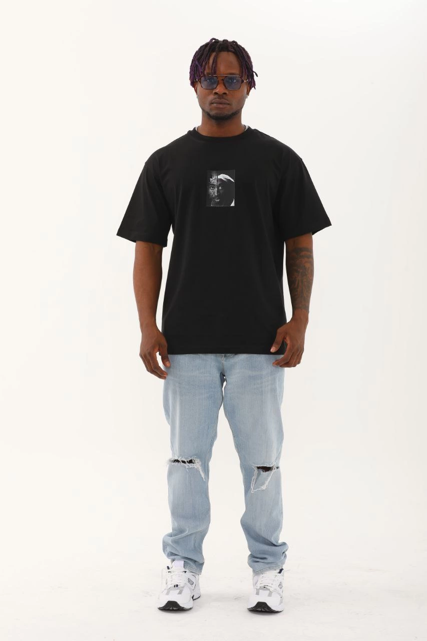 ASSEMA Erkek Kısa Kol Oversize Baskılı Bisiklet Yaka T-Shirt - Siyah