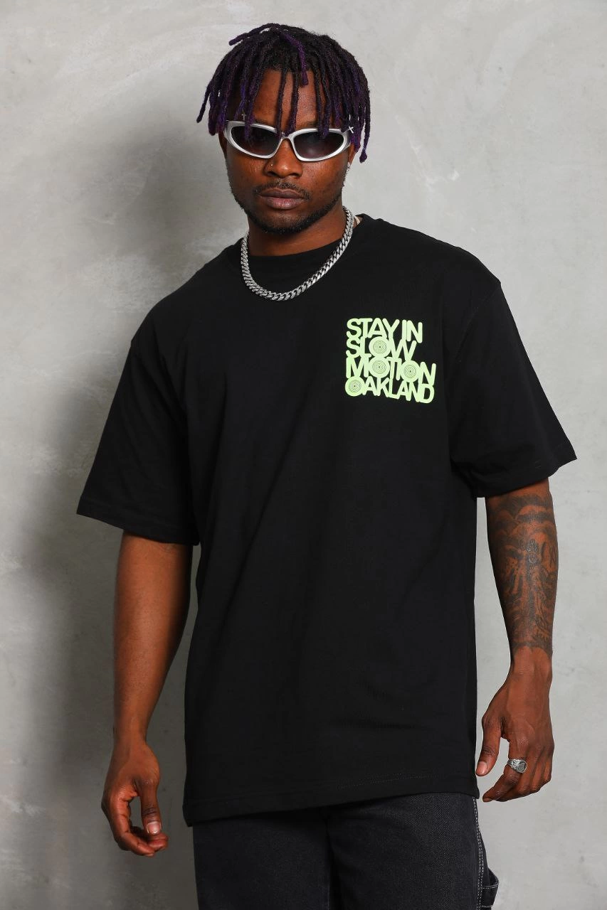 ASSEMA Unisex Oversize Baskılı Bisiklet Yaka T-Shirt - Siyah