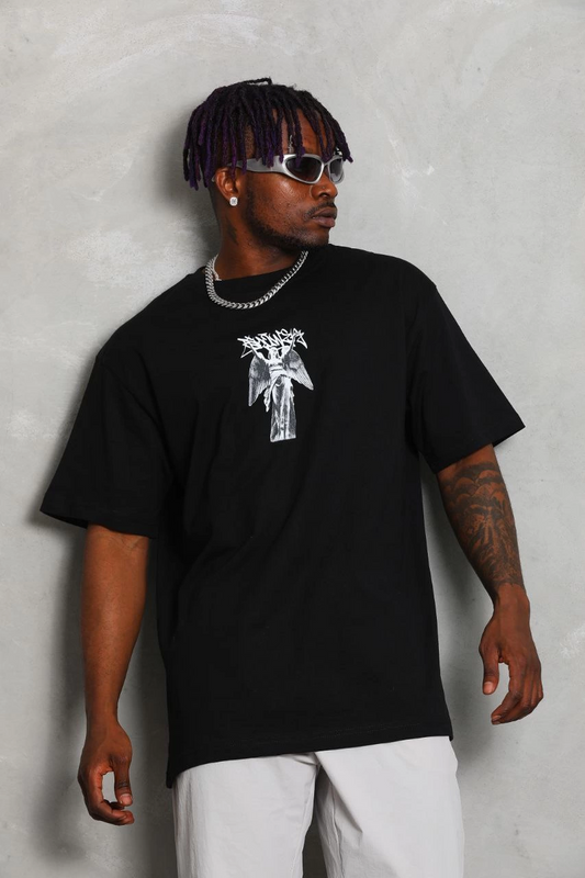ASSEMA Unisex Oversize Baskılı Bisiklet Yaka T-Shirt - Siyah