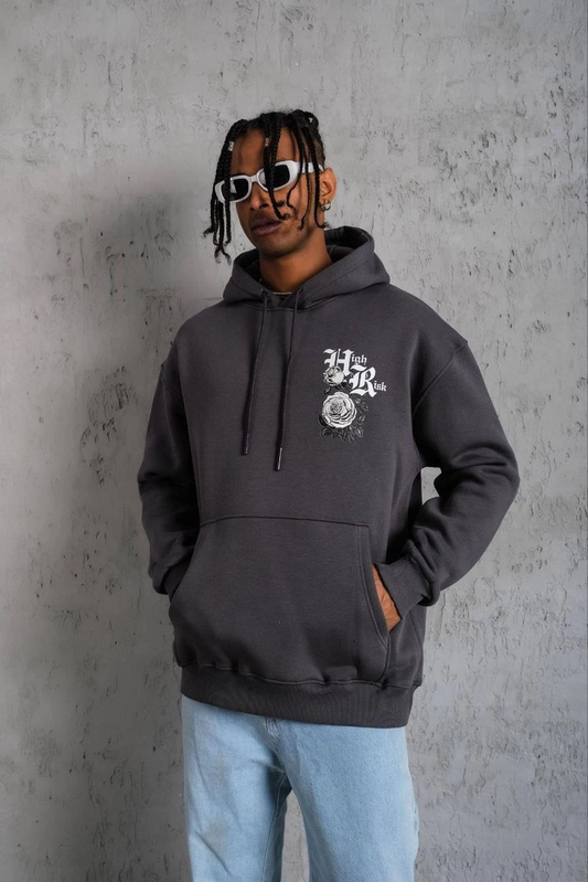ASSEMA Erkek Baskılı Kapşonlu üç iplik pamuklu Sweatshirt - Füme