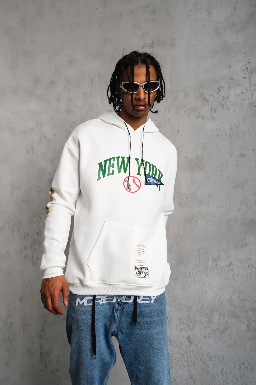 ASSEMA Erkek Baskılı Kapüşonlu  üç iplik pamuklu Sweatshirt - Beyaz