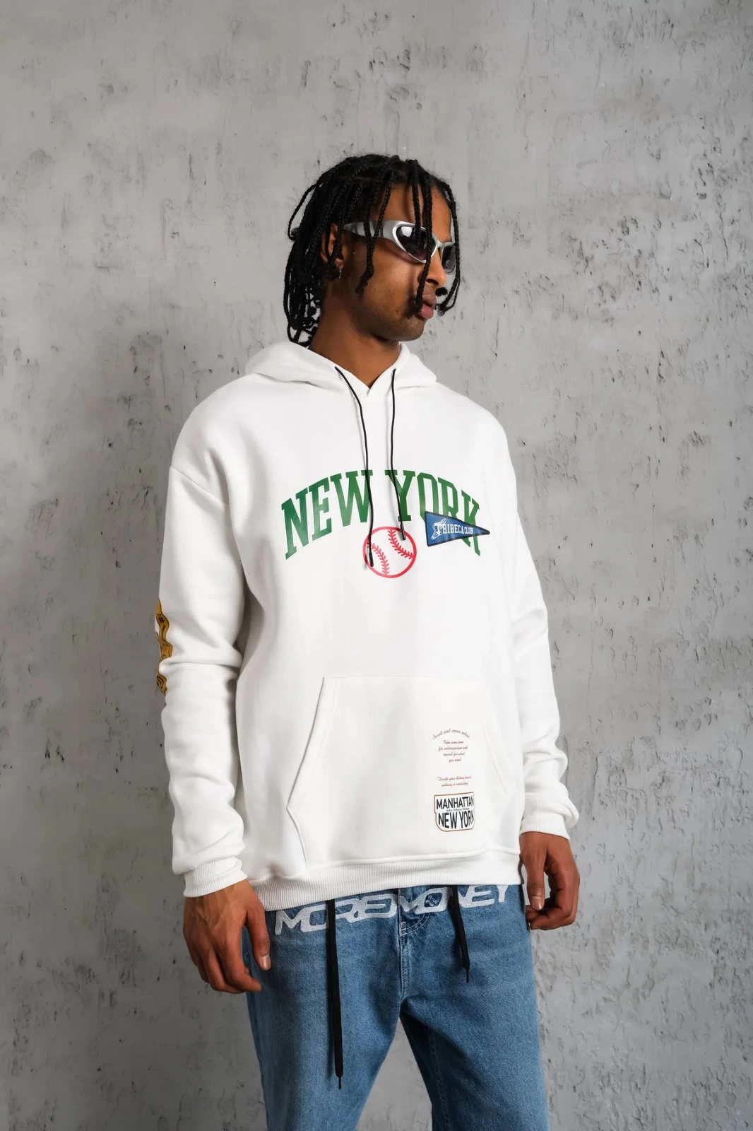 ASSEMA Erkek Baskılı Kapüşonlu  üç iplik pamuklu Sweatshirt - Beyaz