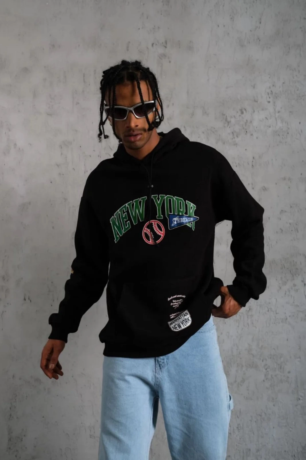 ASSEMA Erkek Baskılı Kapüşonlu  üç iplik pamuklu Sweatshirt - Siyah