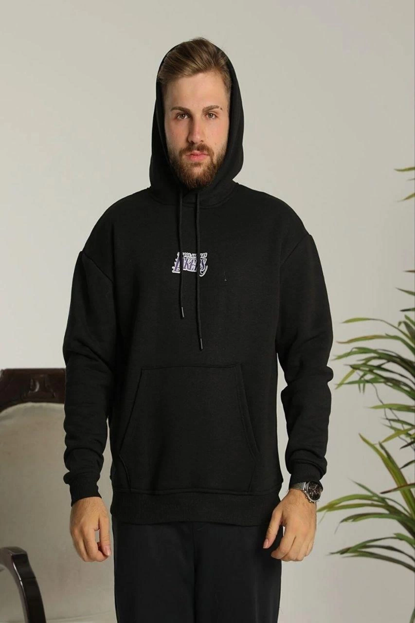 ASSEMA Erkek Baskılı Oversize Üç İplik Kapüşonlu Sweatshirt - Siyah