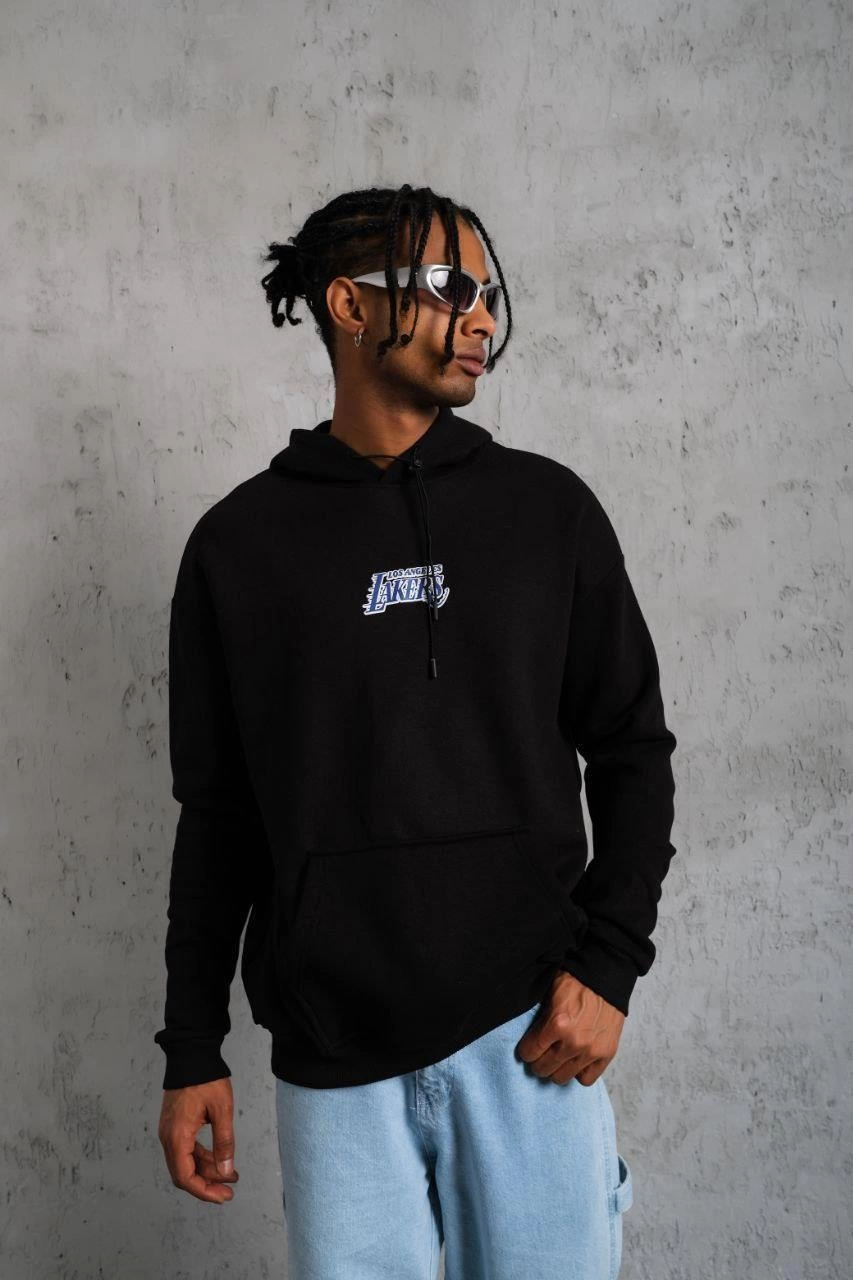 ASSEMA Erkek Baskılı Oversize Üç İplik Kapüşonlu Sweatshirt - Siyah
