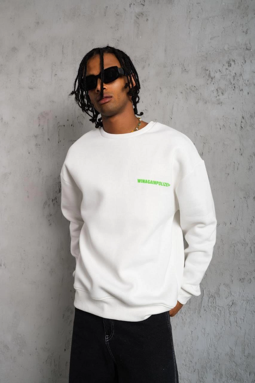Erkek 3 iplik Bisiklet yaka Baskılı Sweatshirt - Beyaz