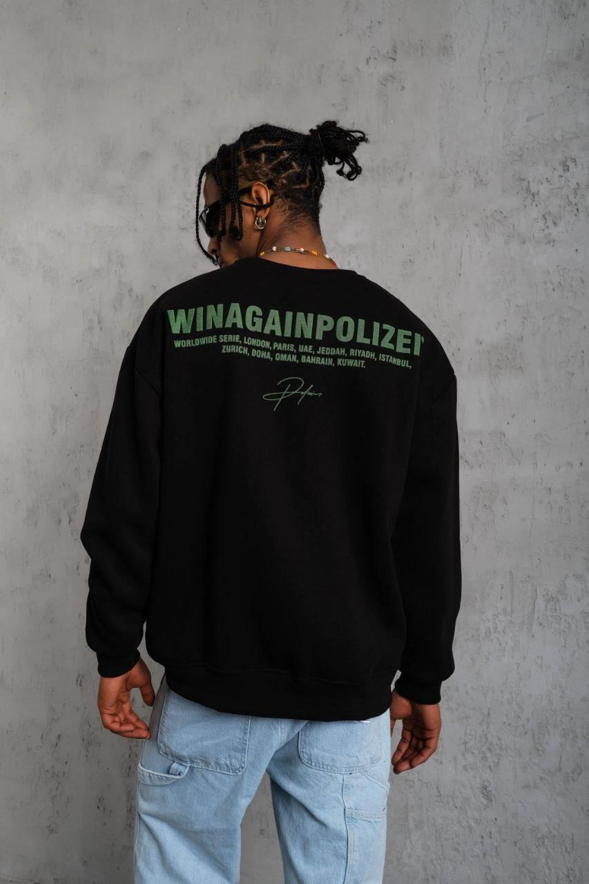 ASSEMA Erkek Oversize Sweatshirt Siyah | Ön ve Sırt Baskılı Üç İplik İçi Pamuklu Kalıp - Siyah
