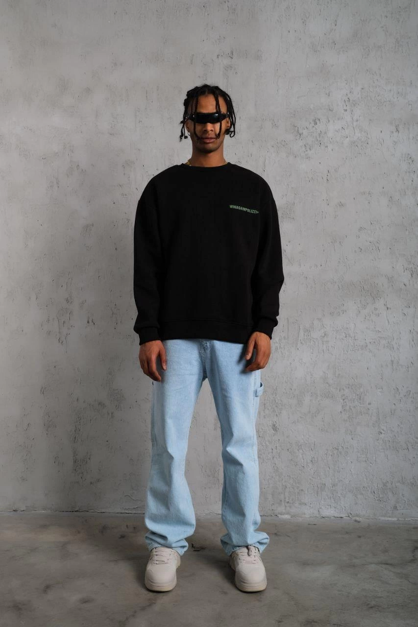 ASSEMA Erkek Oversize Sweatshirt Siyah | Ön ve Sırt Baskılı Üç İplik İçi Pamuklu Kalıp - Siyah