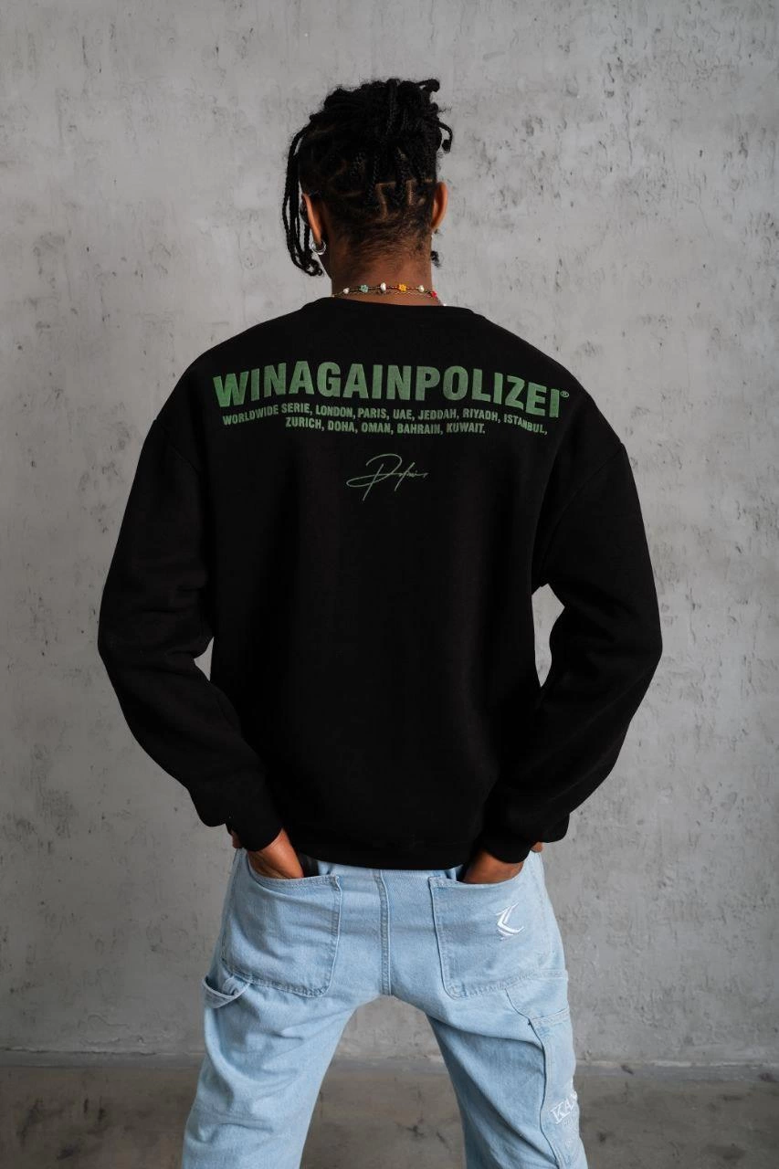 ASSEMA Erkek Oversize Sweatshirt Siyah | Ön ve Sırt Baskılı Üç İplik İçi Pamuklu Kalıp - Siyah