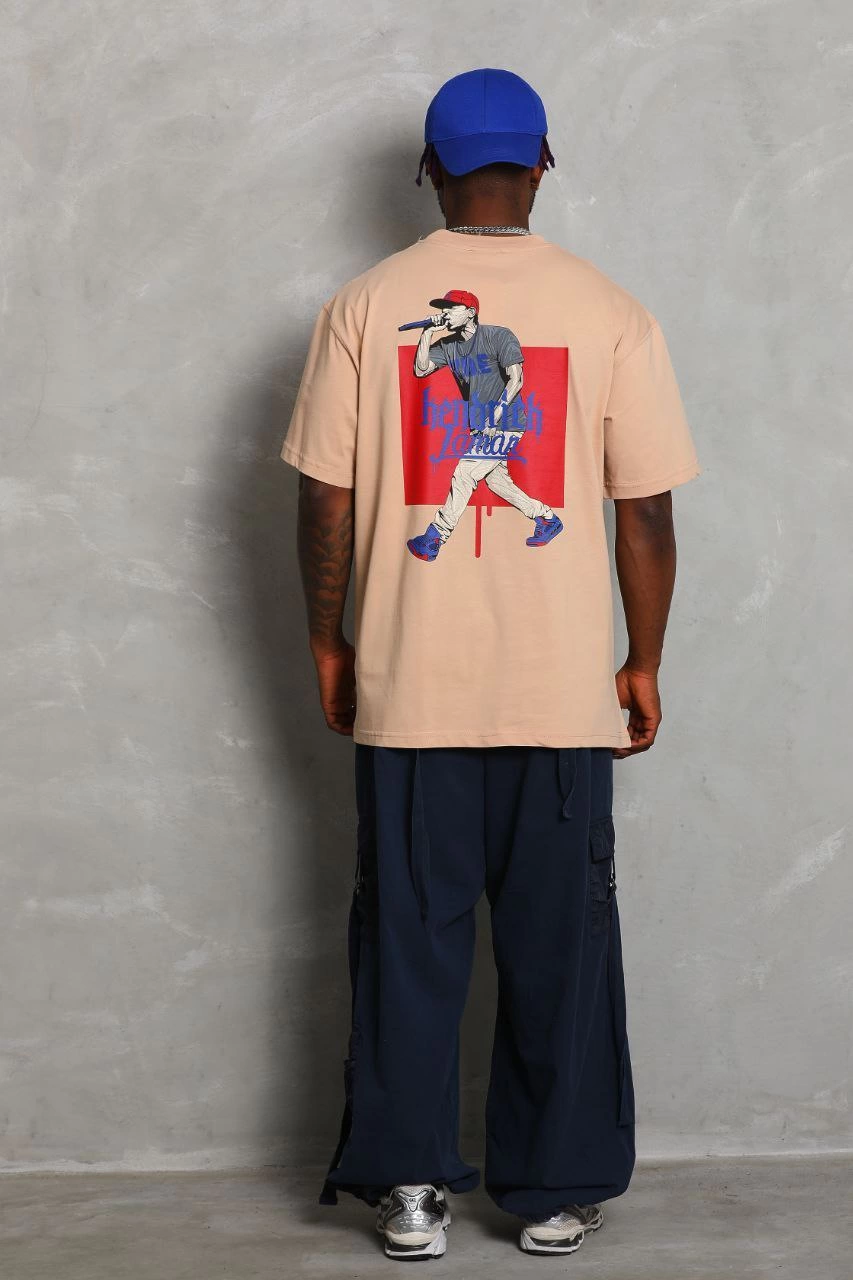 ASSEMA Unisex Oversize Baskılı Bisiklet Yaka T-Shirt - Bej