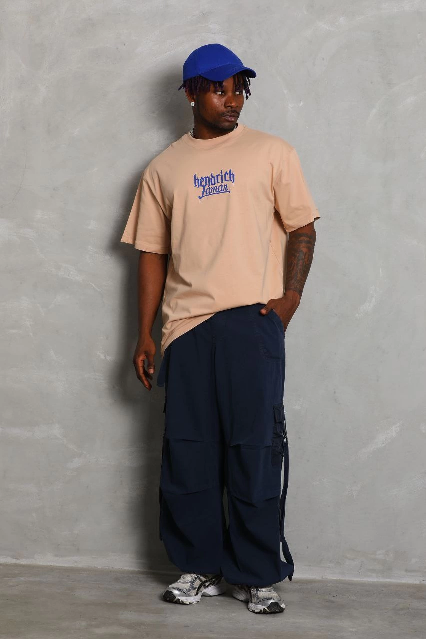 ASSEMA Unisex Oversize Baskılı Bisiklet Yaka T-Shirt - Bej